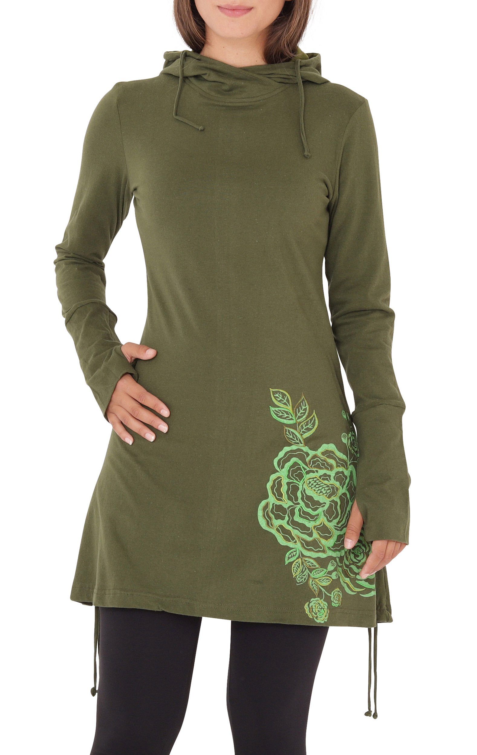 PUREWONDER A-Linien-Kleid Kapuzenkleid mit Blumen-Print dr132 Jersey Grün