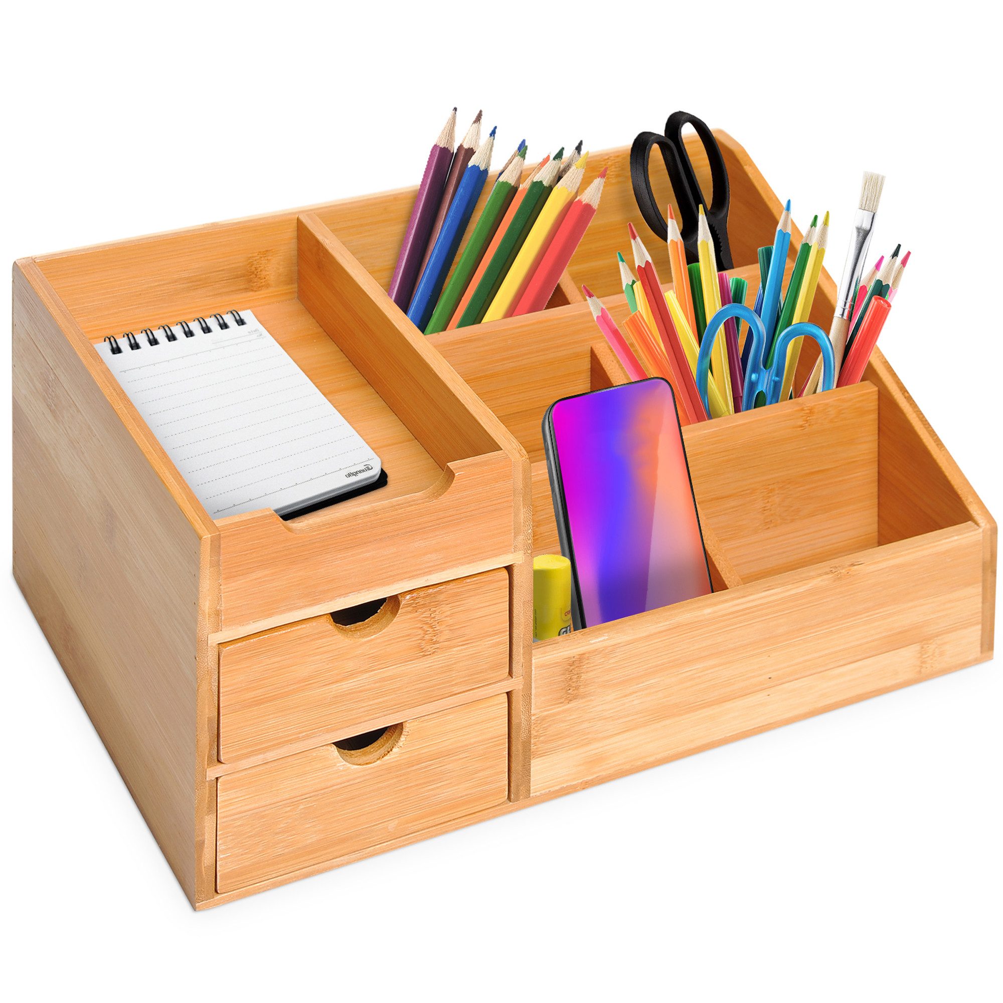 HOMCOM Organizer Schreibtischorganizer Aufbewahrungsbox 2 Schubladen Natur (Schreibtischorganizer, 1 St., 2 Schublade), Naturholz 33 x 20,5 x 15,5 cm