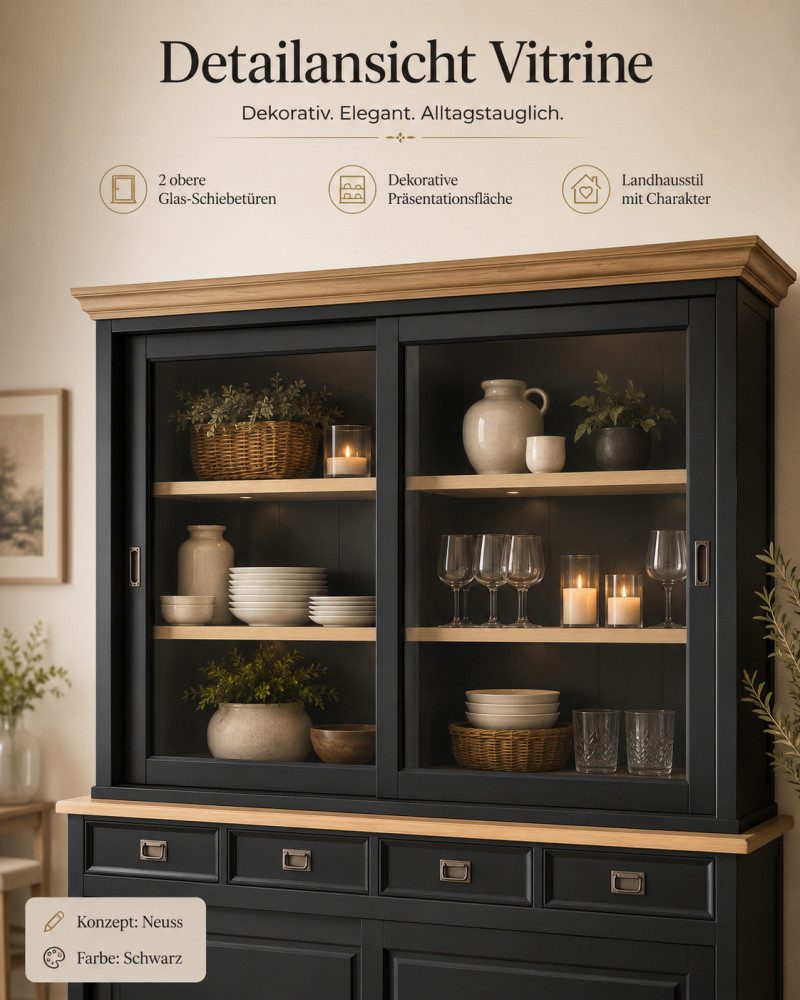Wohnpalast Buffet Vitrinen Schrank Neuss 200 cm schwarz/eiche