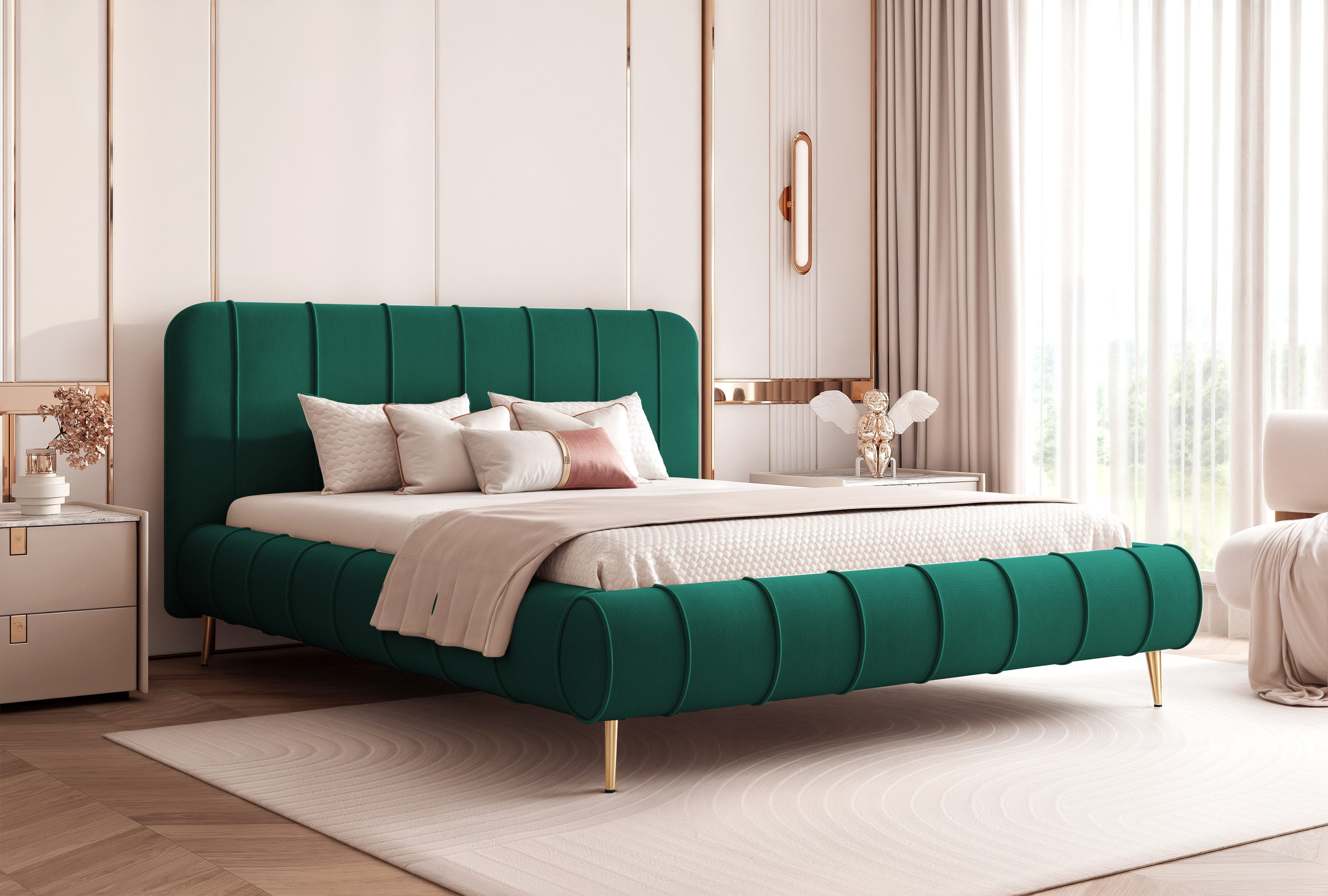 Goldstoff Polsterbett Elegantes Stoffbett "FIRENZE" mit hohem Kopfteil und großem Bettkasten (120–200x200 cm, Kopfteilhöhe 70/100 cm, Seitenhöhe: 25/40 cm), Komfortables Stoffbett mit Stauraum und verstellbarem Kopfteil