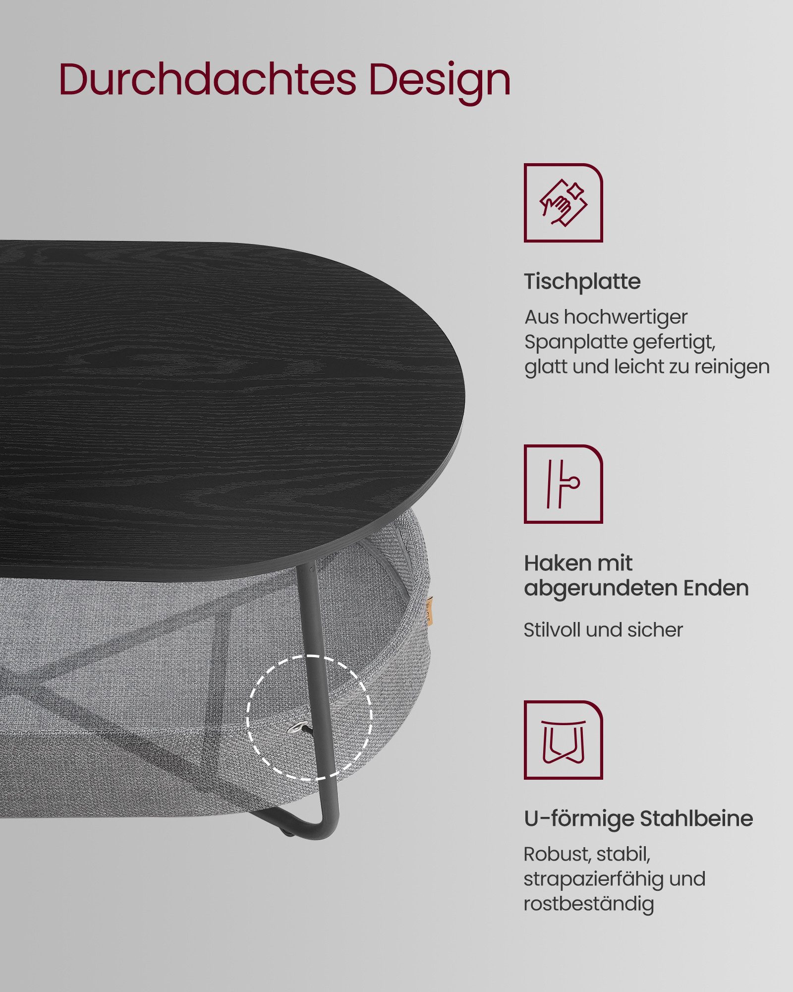 VASAGLE Couchtisch oval, Wohnzimmertisch, modern, mit Stoffkorb, skandinavisches Design (inkl. Zubehörpaket & Anleitung), Beistelltisch, stabil, für Wohnzimmer, 55 x 100 x 45,7 cm