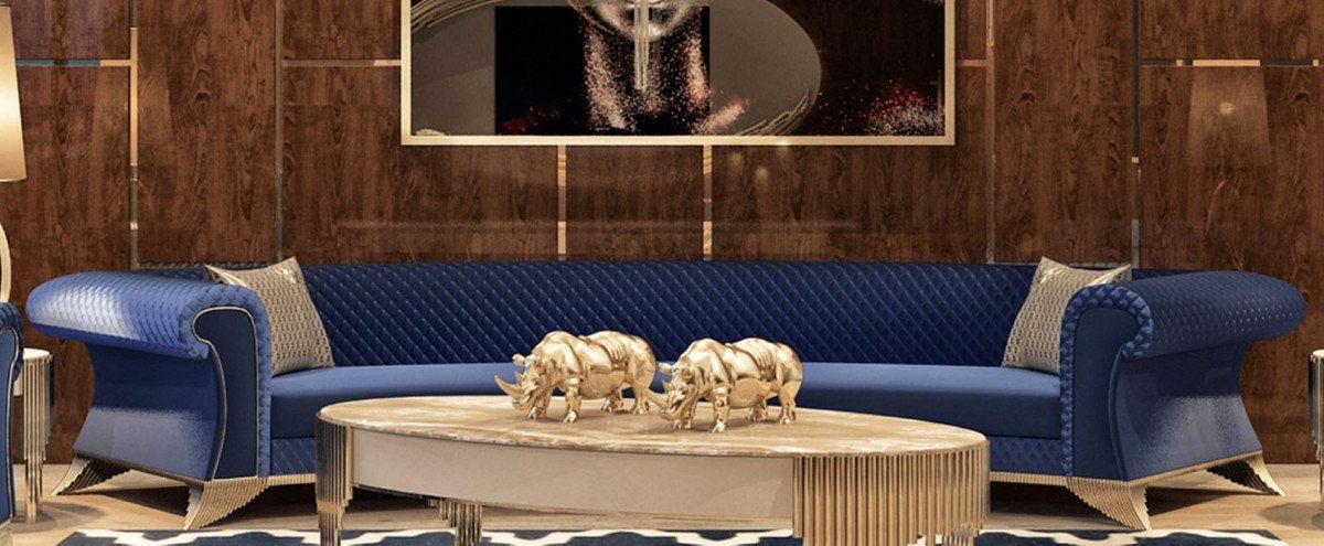 Casa Padrino Sofa Luxus Art Deco Sofa Blau / Gold - Gebogenes Wohnzimmer Sofa - Hotel Sofa - Luxus Art Deco Wohnzimmer & Hotel Möbel