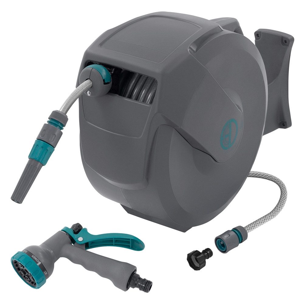 ECD Germany Schlauchaufroller Schlauchtrommel mit Arretierstop 9 Sprühfunktionen 180° Schwenkbar, Schlauchtrommel 20m+2m Arretierstop 9 Funktionen 180° Schwenkbar