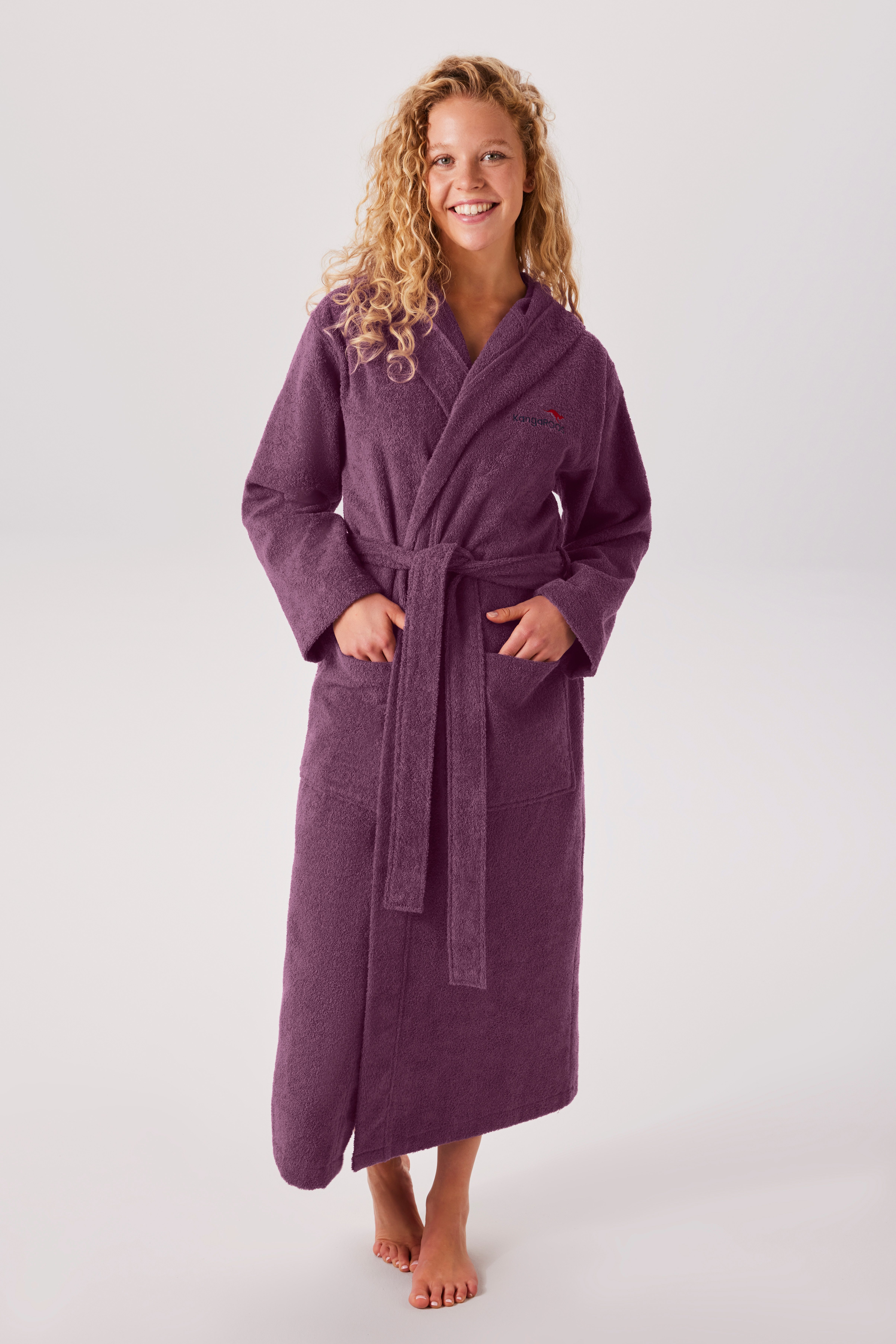 KangaROOS Unisex-Bademantel Cassidy, für Damen & Herren, Standardlänge & Überlänge, Langform, Walkfrottee, Kapuze, Gürtel, mit Taschen, Männer und Frauen, Baumwolle, Reise, Hotel, Sauna, S-3XL