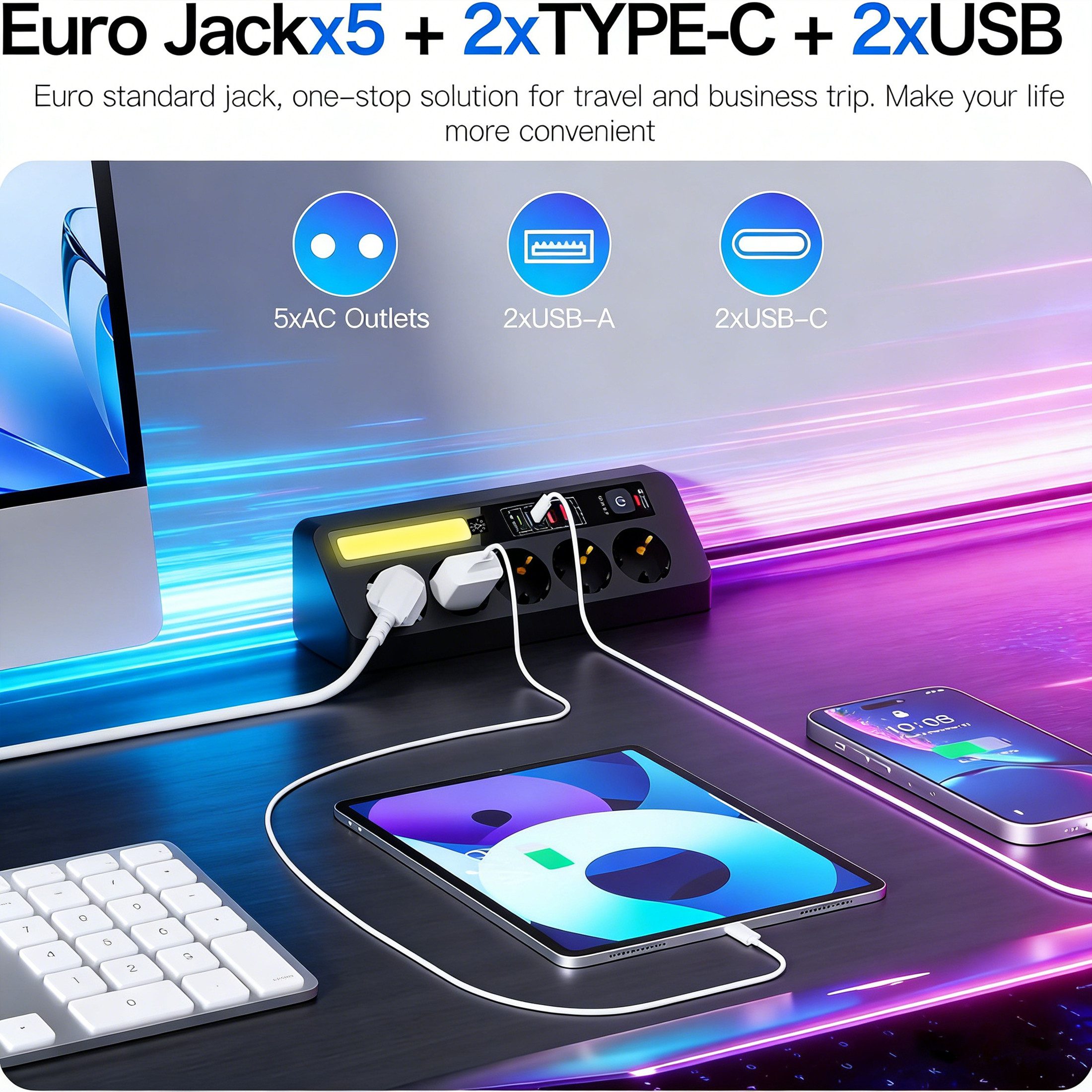 Luckice Tischsteckdosenleiste mit 5 Steckdosen,Eck-Steckdosenleiste Mehrfachsteckdose 9-fach (Ein-/Ausschalter, USB-Anschlüsse, 4 USB-Ports (PD 35 W & 20 W), LE – Bild 5 von 5