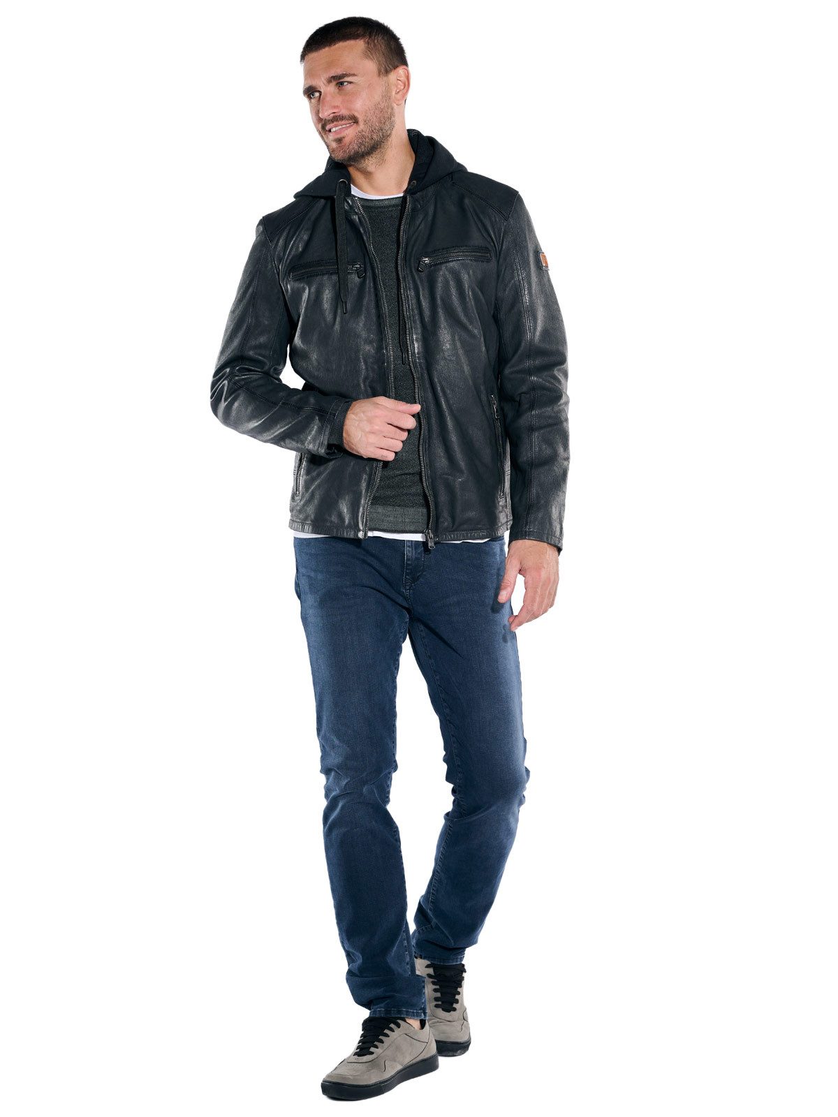 emilio adani Lederjacke Herren Lederjacke mit abnehmbarer Kapuze, Anthrazit