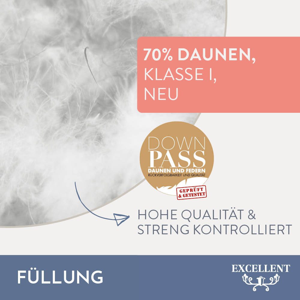 Excellent Federkopfkissen Zürich, Kopfkissen in 40x80 und 80x80, Füllung: 70% Federn, 30% Daunen, Bezug: 100% Baumwolle, allergikerfreundliches Kissen mit Daunenanteil