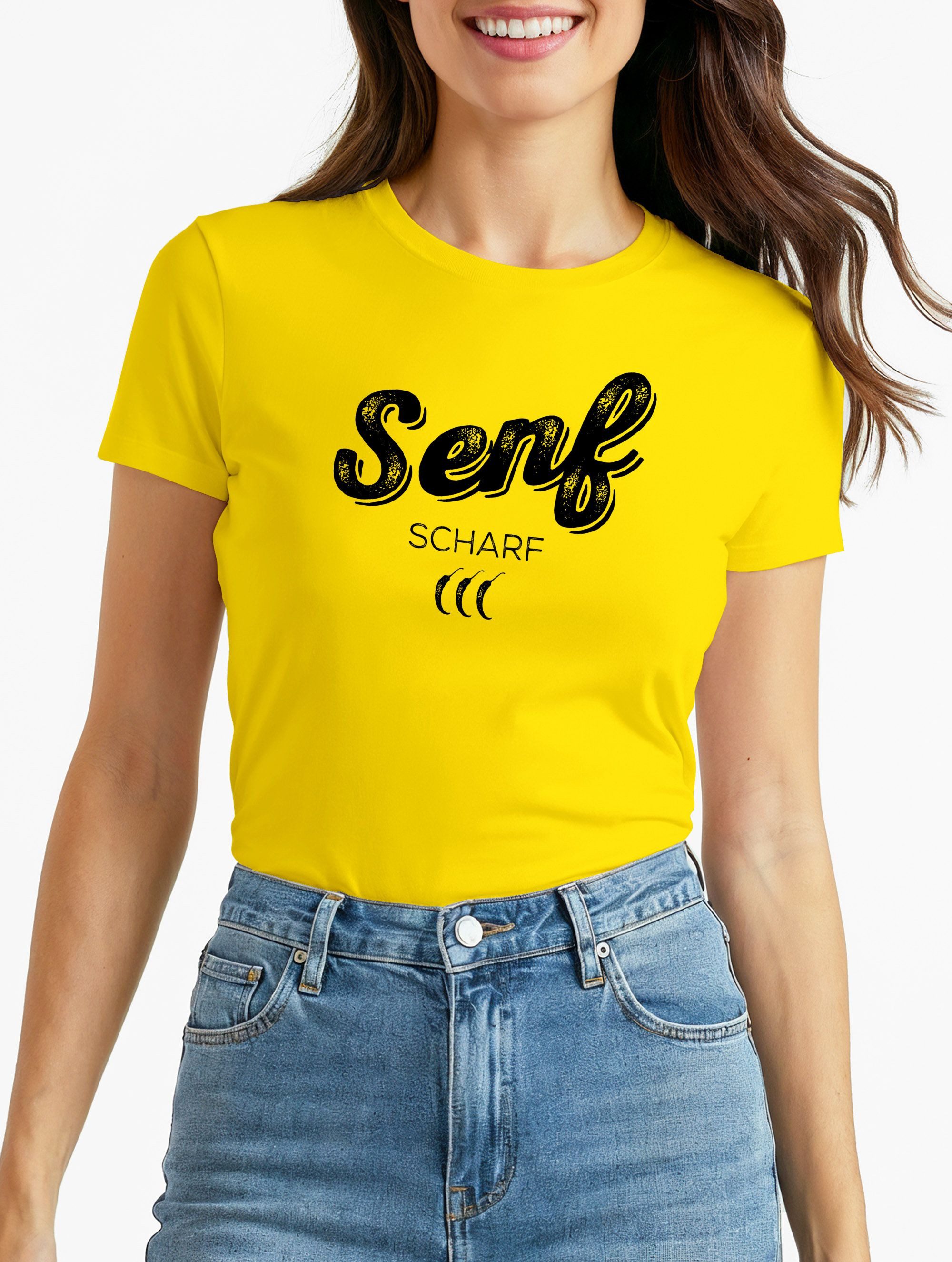 Print-Shirt Damen T-Shirt Senf Fasching Karneval Kostüm Ersatz Verkleidung Last