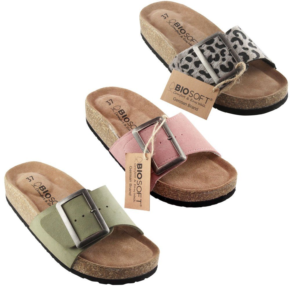 Biosoft Comfort & Easy Walk Biosoft Flache Sandalen Damen Sommer Leder Optik Größe 37 - 43 Hurdy Sandale Khaki