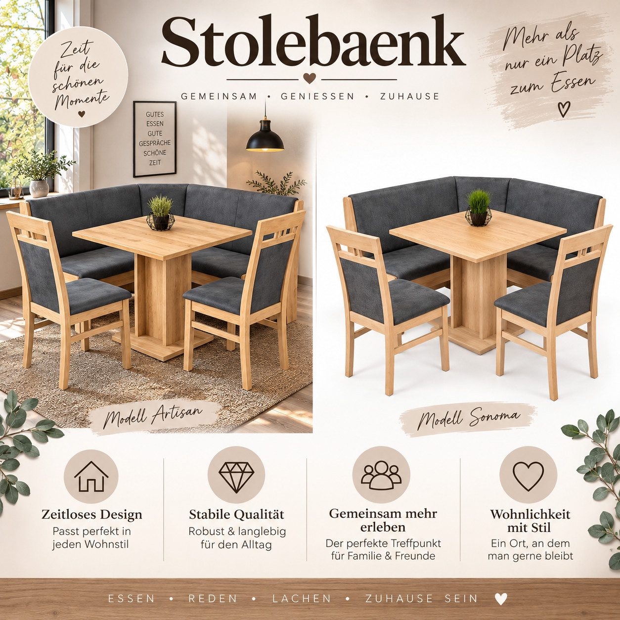 Stolebaenk Eckbankgruppe Lügde EBG LEIBTI Sonoma/Artisan, (Set), Bestehend aus 1x Eckbank, 1x Tisch, 2x Stühle