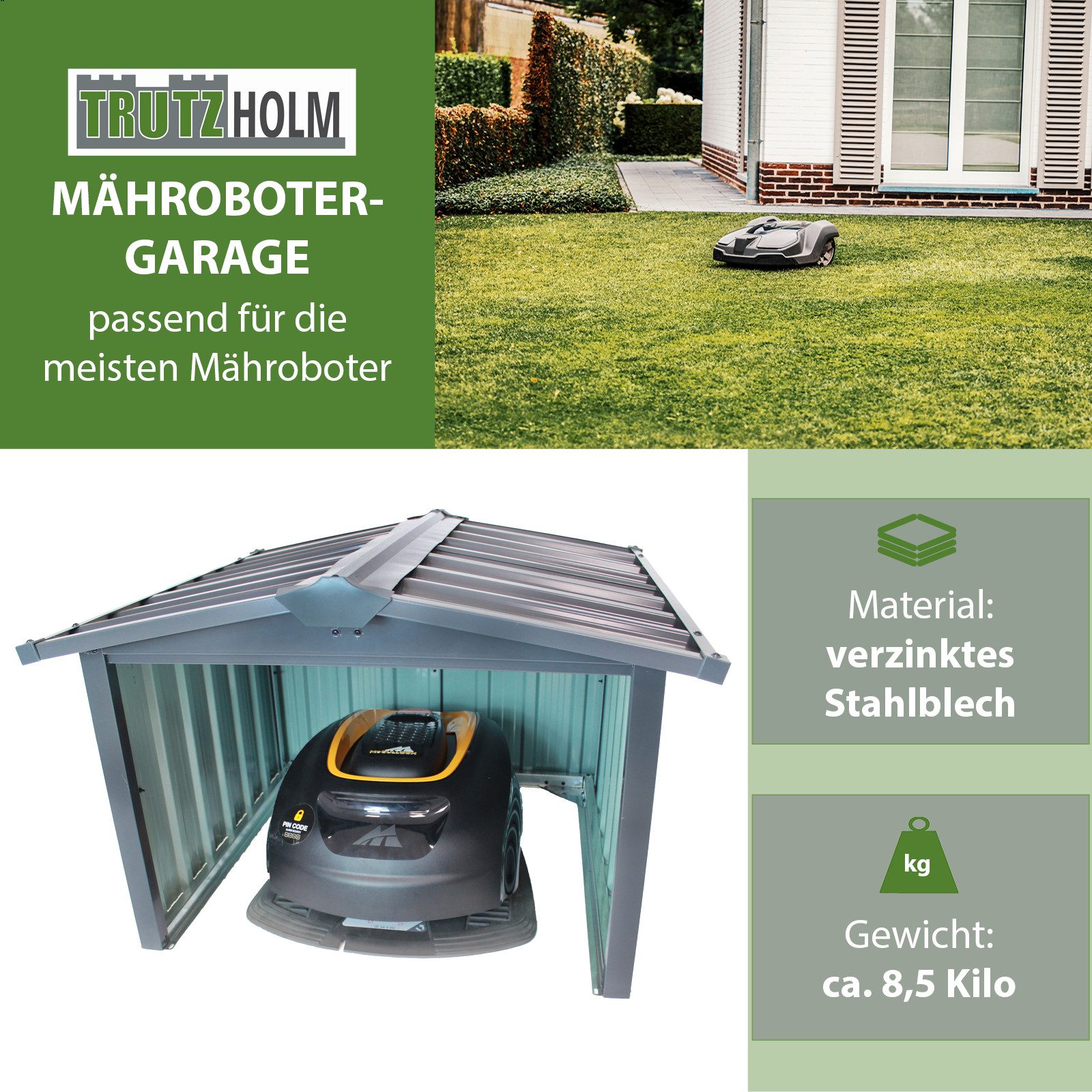 TRUTZHOLM Mähroboter-Garage Mährobotergarage Satteldach 68x47 cm günstig online kaufen