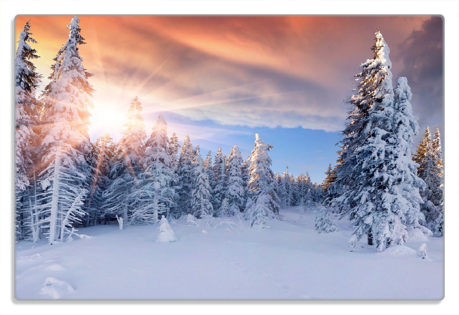 Winterwald, Frühstücksbrett Gummifüße Wallario 1-St), 20x30cm einen Sonnenaufgang über rutschfester 4mm, (inkl.