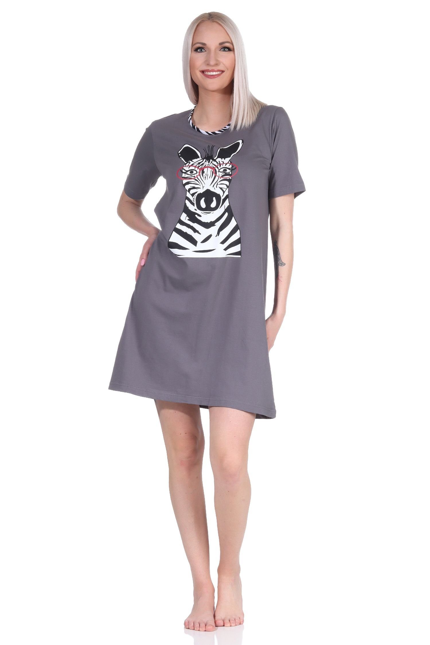 Normann Nachthemd Süsses Damen kurzarm Nachthemd mit Tiermotiv - auch in Übergrössen grau