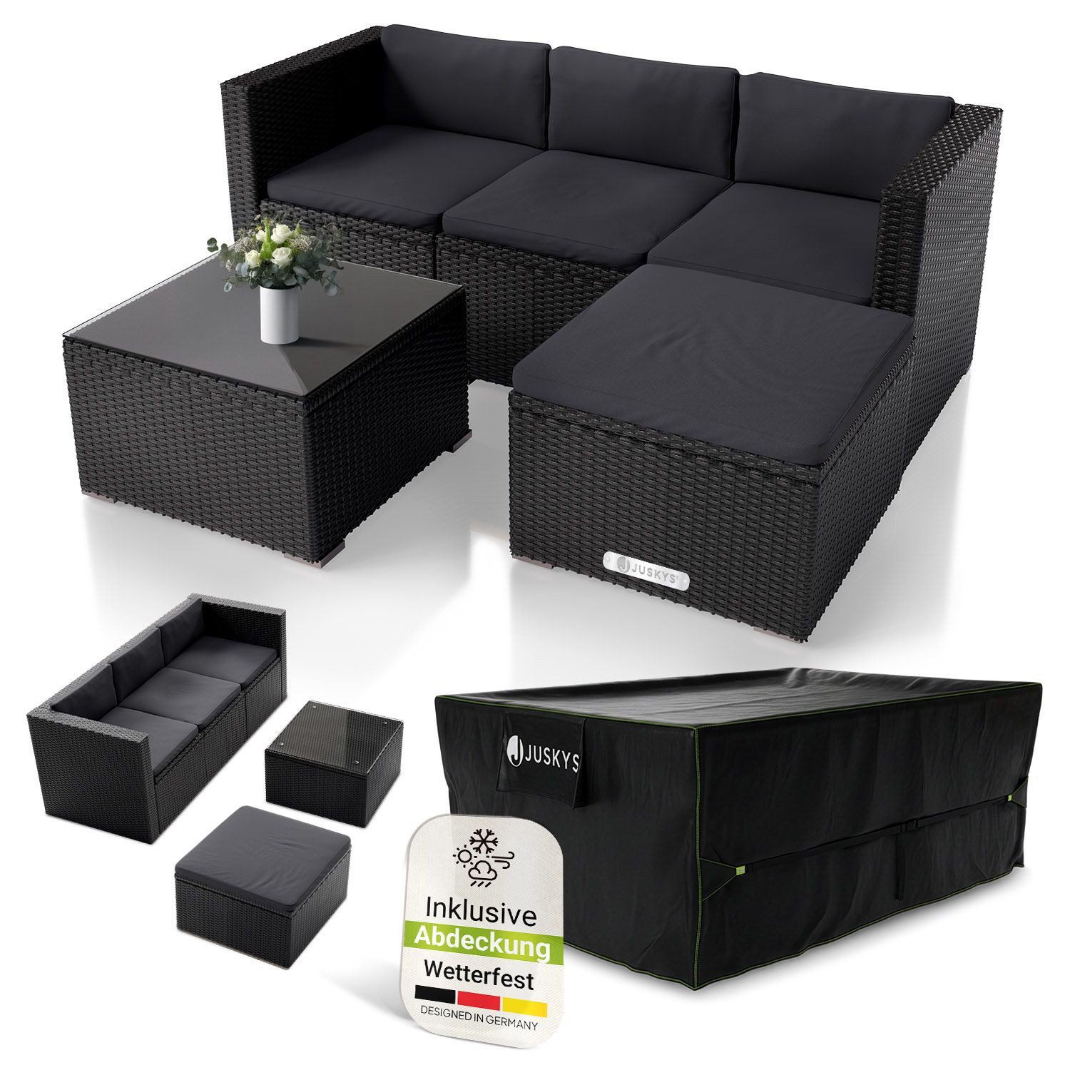 Juskys Gartenlounge-Set Punta Cana, (Set, Sitzgruppe), Polyrattan Sitzgarnitur mit 1 Tisch, 1 Sofa und 1 Hocker, 1 Abdeckung