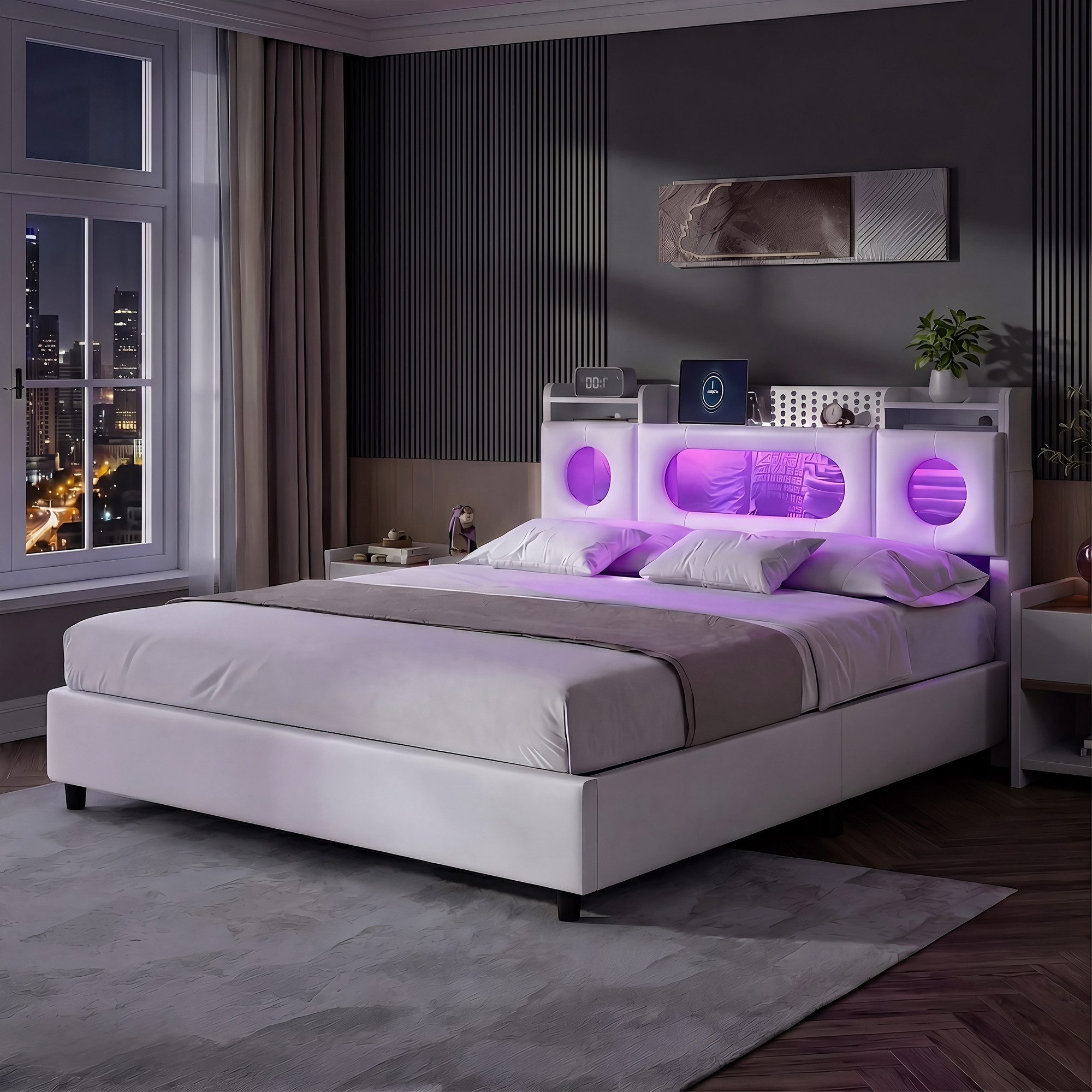Polsterbett LED Stauraumbett 160x200 cm mit Bettkasten &  USB