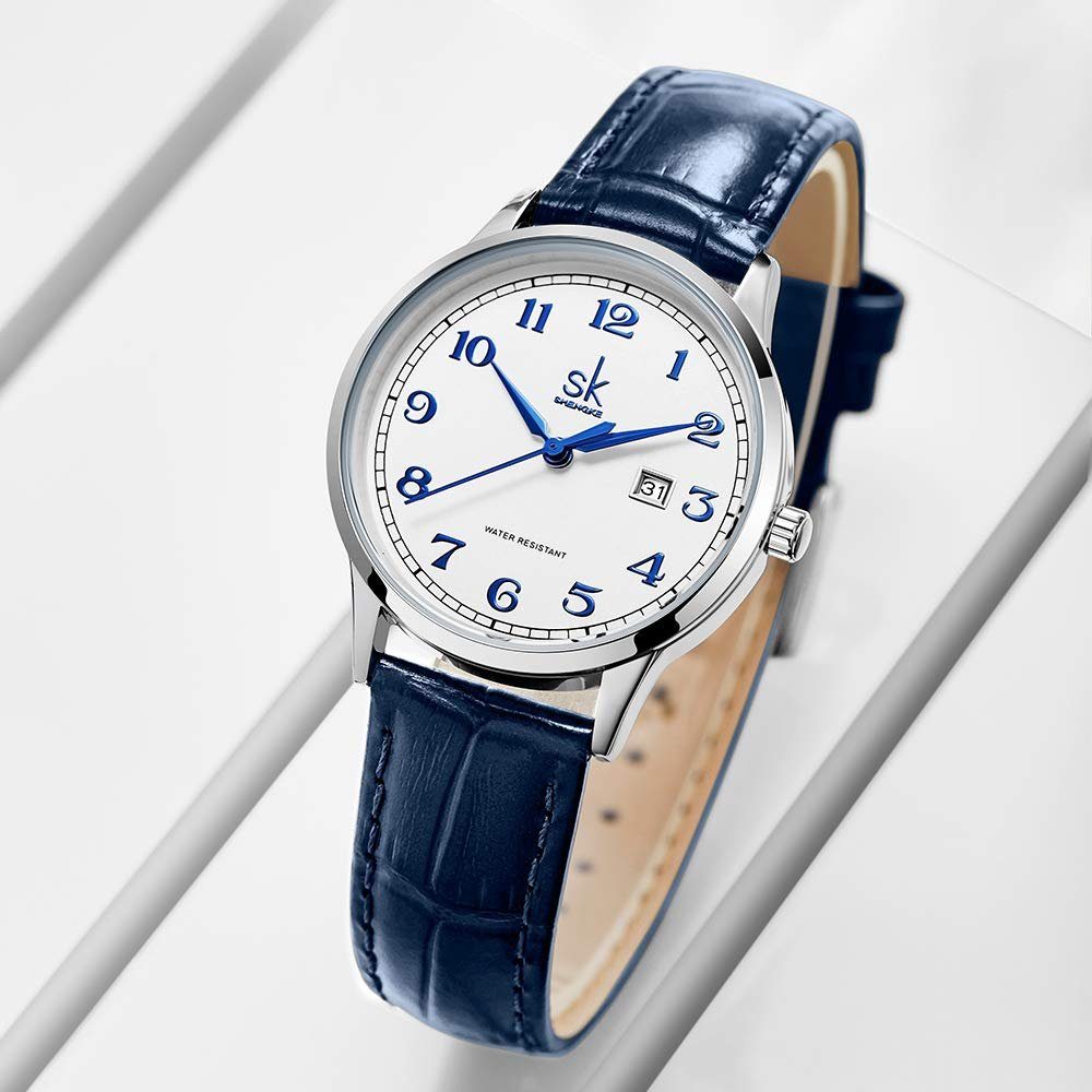 Armbanduhr Uhr Silber, Quarz Analog GelldG Lederarmband, Damen mit Edelstahl Blau Uhr