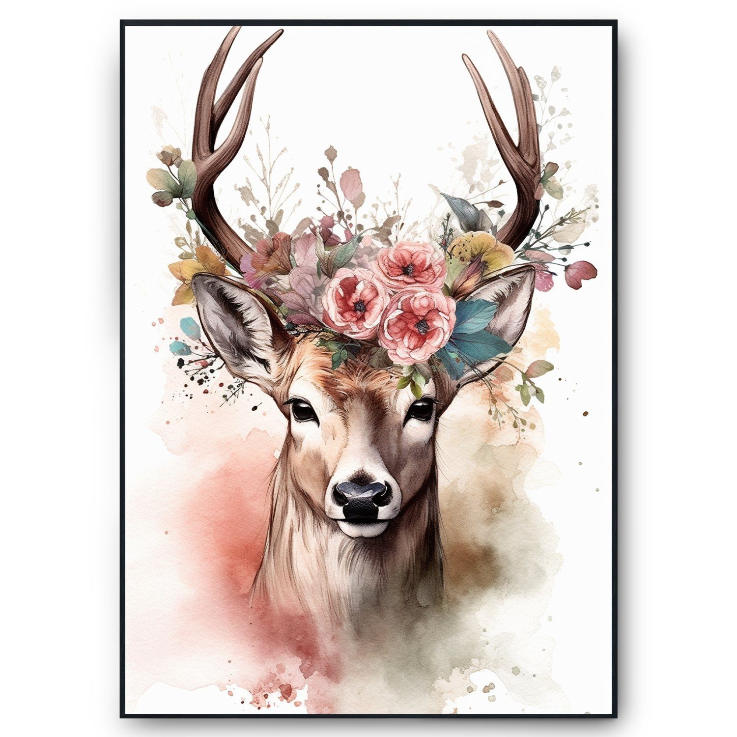 Tigerlino Poster Hirsch Wandbild Bunte Blumen Kunstdruck Natur Hirsch Wandp günstig online kaufen