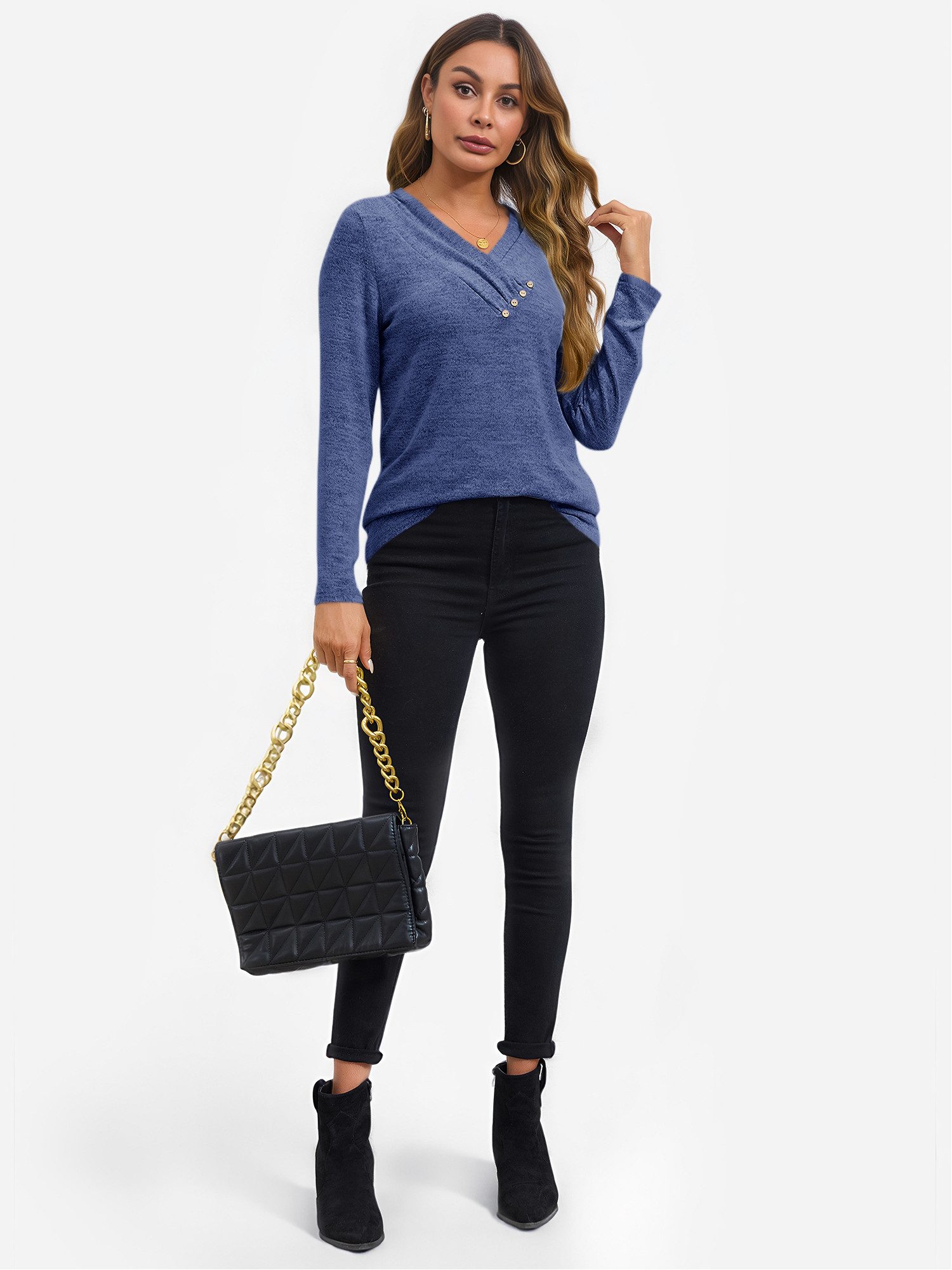 Imily Bela Blusentop Damen Button Down Oberteil mit V-Ausschnitt (Packung, 1-tlg., 1per-Pack) Basic