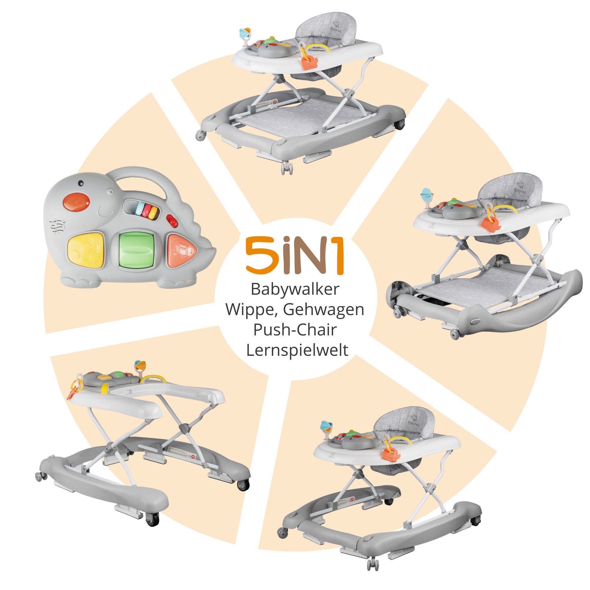 Bronea Lauflernhilfe Happy Life 5-in-1 Babywalker Gehfrei Lauflernwagen Schaukel Wippe, Ausnehmbaren Sitz, Im nu zum Schaukel, Widerstand Reifen einstellbar