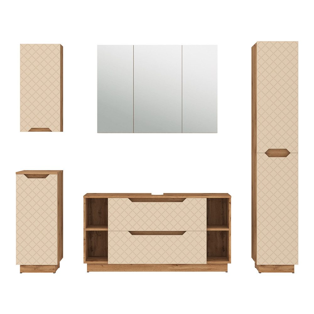 Vicco Badmöbel-Set Lotta, Eiche/Kaschmir mit Kachelstruktur, 5 Teile, (5-St., 5er Set)