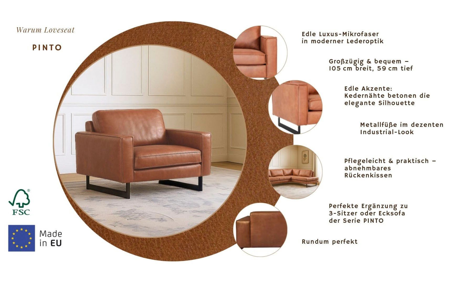 Home affaire Loveseat Pinto 105 cm, Cord, Chenille, Lederoptik, mit Keder, Metallfüßen und auch in Cord Bezug erhältlich