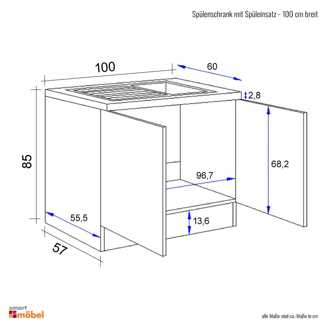 Flex-Well Spülenunterschrank Spülenunterschrank mit Arbeitsplatte & Spüle - 100 cm breit - Weiß – T