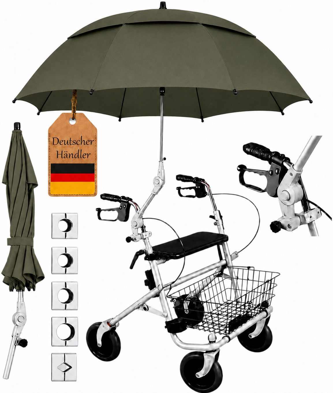 FabaCare Rollator Regenschirm mit Halterung für Rollatoren, Schirm für Gehwagen