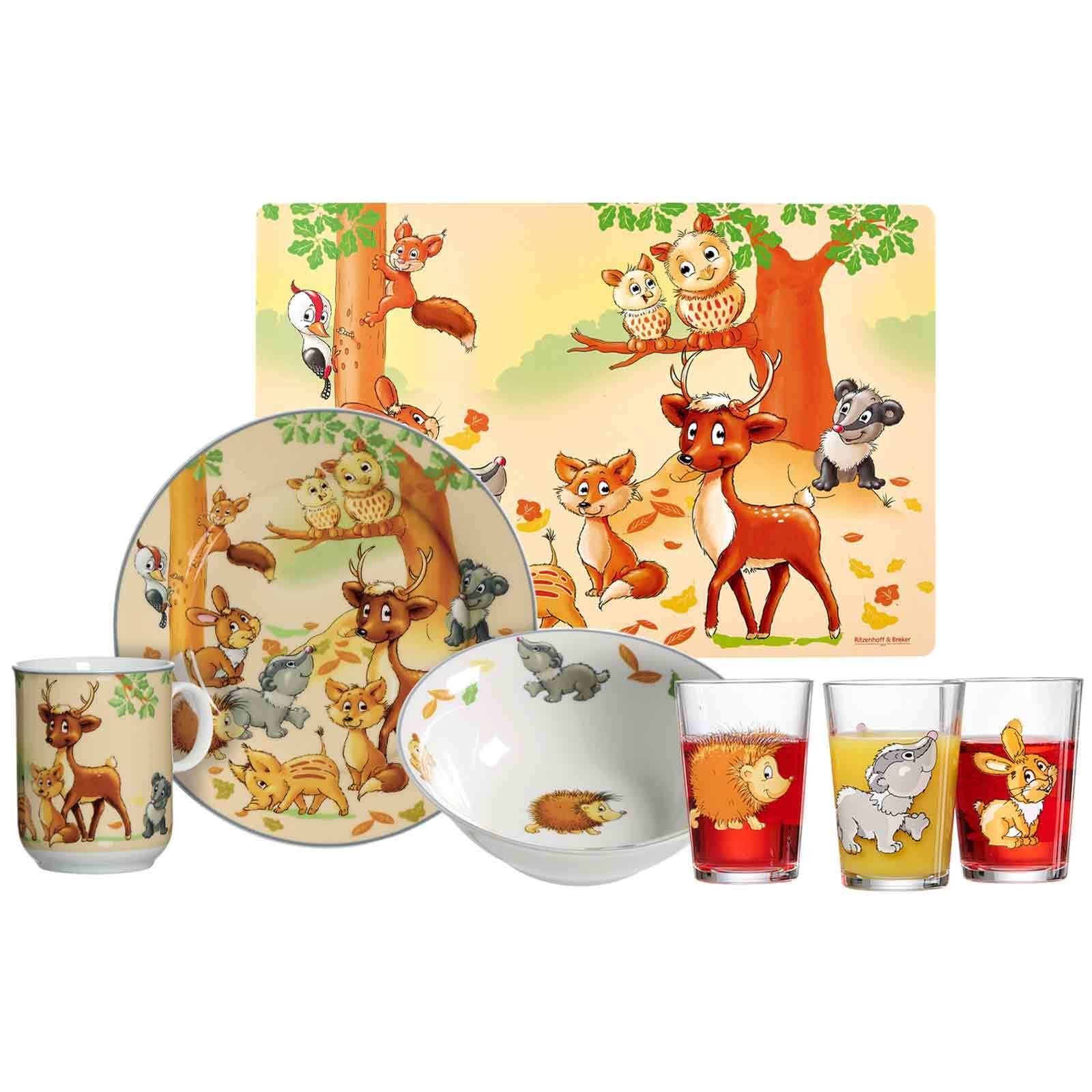 Ritzenhoff & Breker Kindergeschirr-Set Waldtiere Geschirr-Set mit Kinderbecher 7er Set (7-tlg), Material-Mix