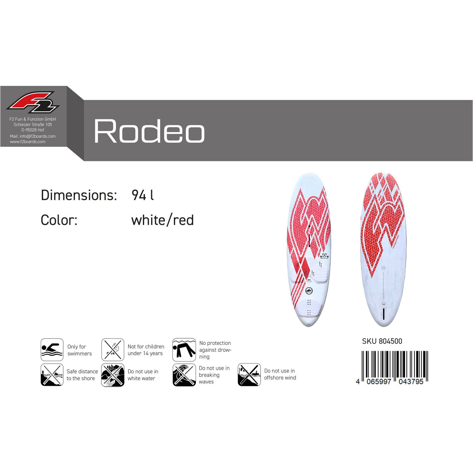 F2 Windsurfboard F2 Windsurfboard Rodeo Pro 94 l Weiss/Rot 2024/25, Surfbrett