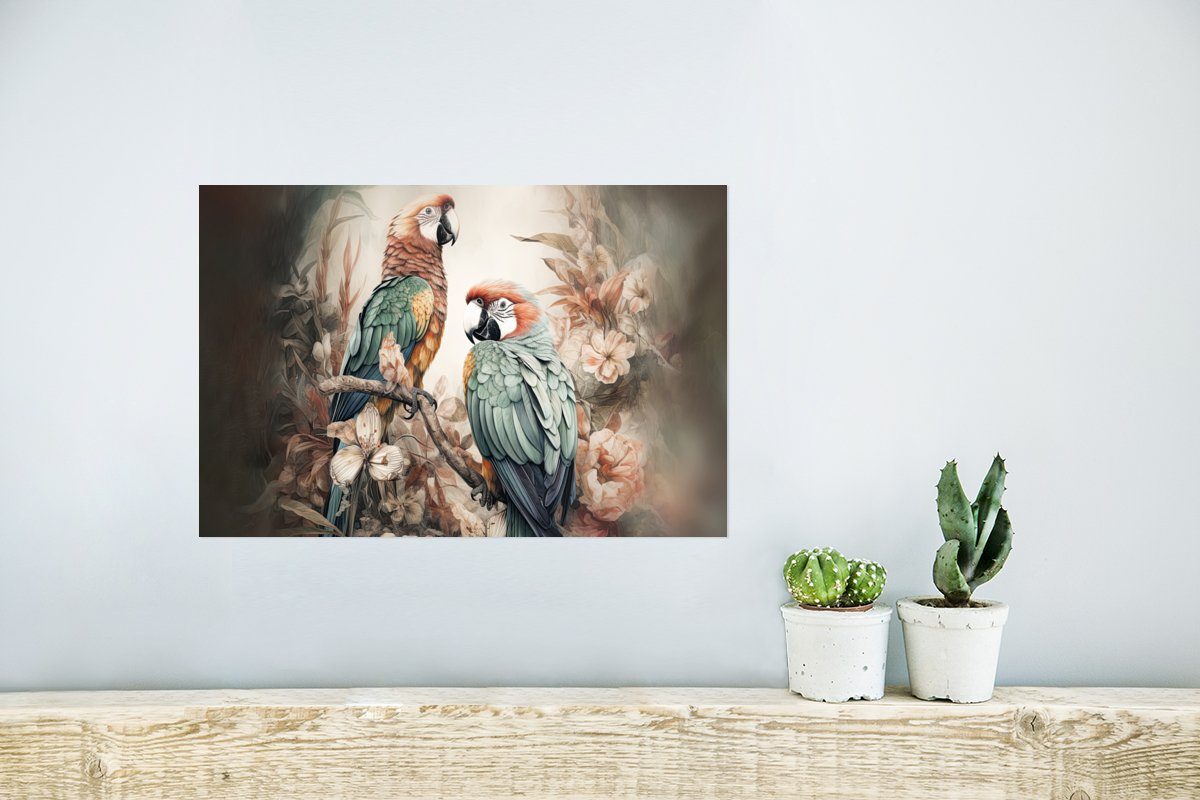 (1 Wohnzimmer, Ohne Wandbild, Poster - - Wandposter Papageien St), - Natur Poster, Vögel für Rahmen Blumen, MuchoWow