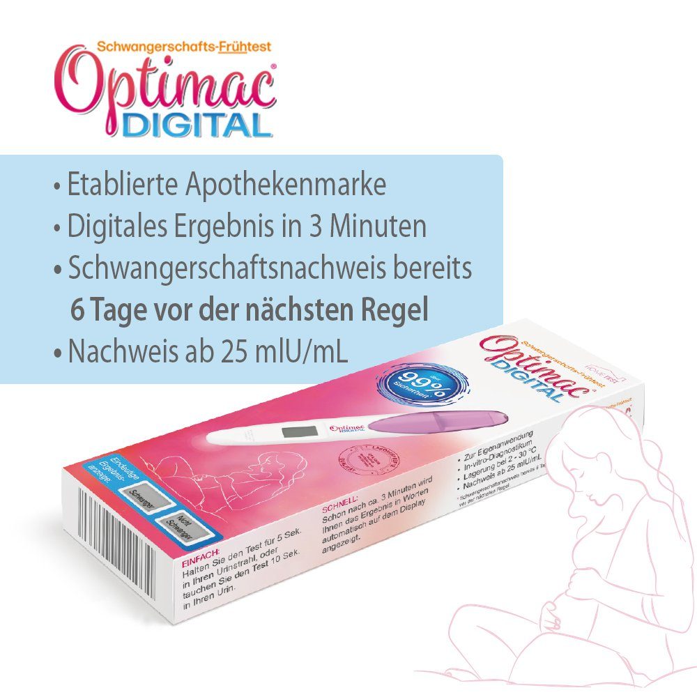 Optimac Schwangerschaftstest DIGITAL, Früh Test, 1-tlg., Optimac DIGITAL Schwangerschaftsfrühtest 6 Tage vor fälliger Periode, Digital