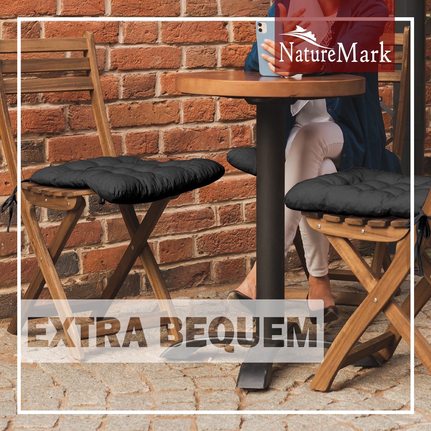 NatureMark Sitzkissen 4er-Set Stuhlkissen 40x40cm mit Bändern, Sitzpolster Kissen 4er Pack, schadstoffgeprüft, Schwarz