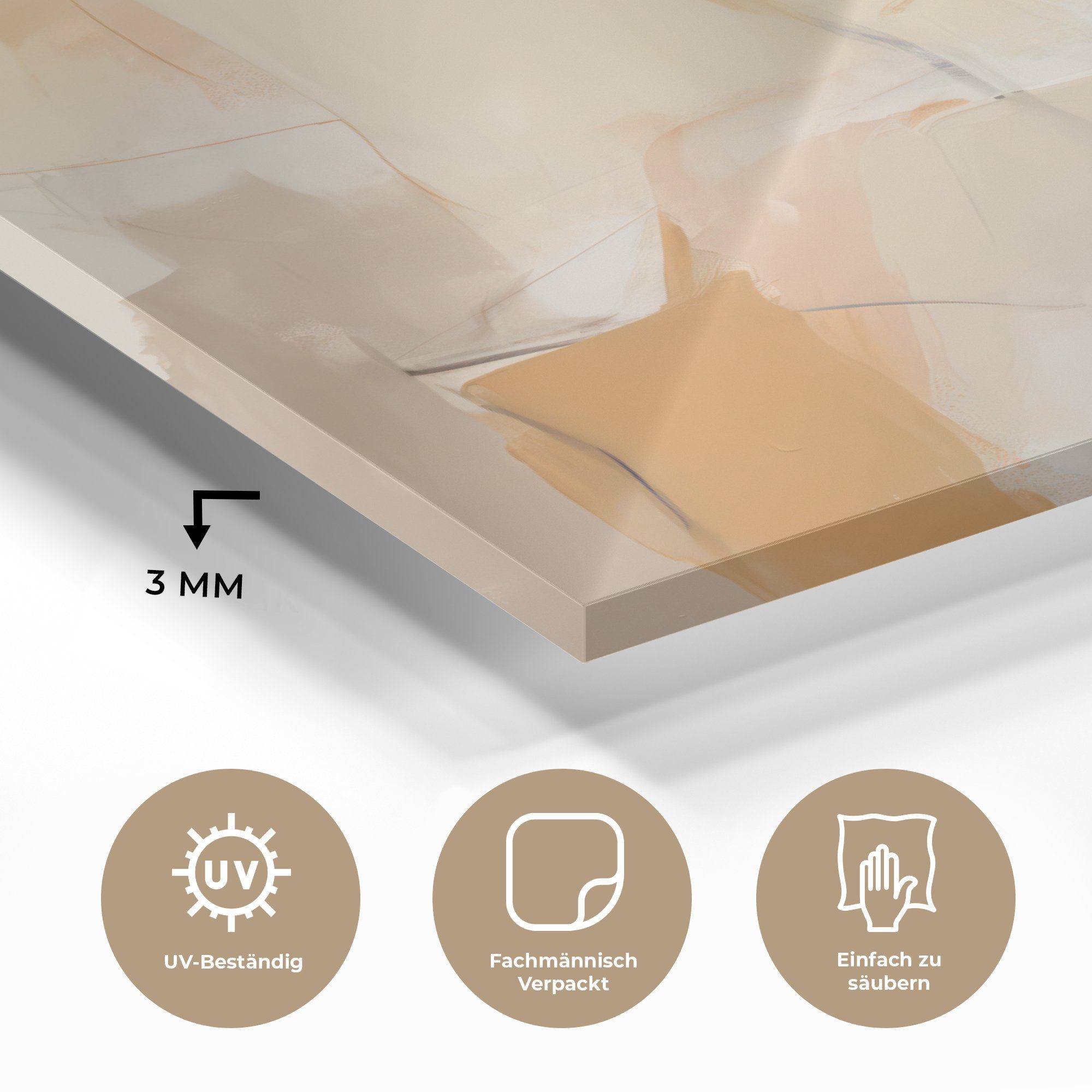 MuchoWow Acrylglasbild Abstrakt - Beige - Orange - Kunst - Modern, Inkl. Aufhängung, Dekorative Bild für Küche & Wohnzimmer auf Glas, 20x30 cm