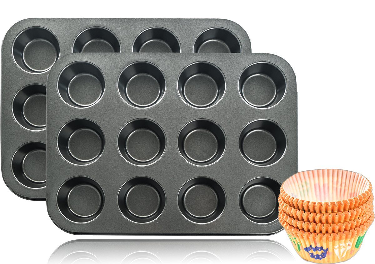 Muffinform 2x 12er Backblech Backform Muffinform für insgesamt 24 Muffins + 100 Papierförmchen, (2-tlg), inkl. 100 Papierförmchen in zufälligem Muster