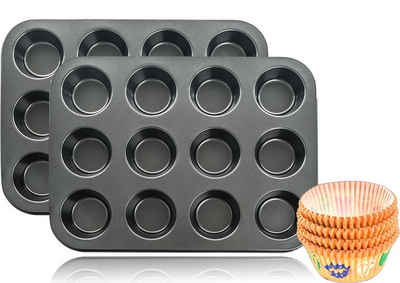 Muffinform 2x 12er Backblech Backform Muffinform für insgesamt 24 Muffins + 100 Papierförmchen, (2-tlg), inkl. 100 Papierförmchen in zufälligem Muster