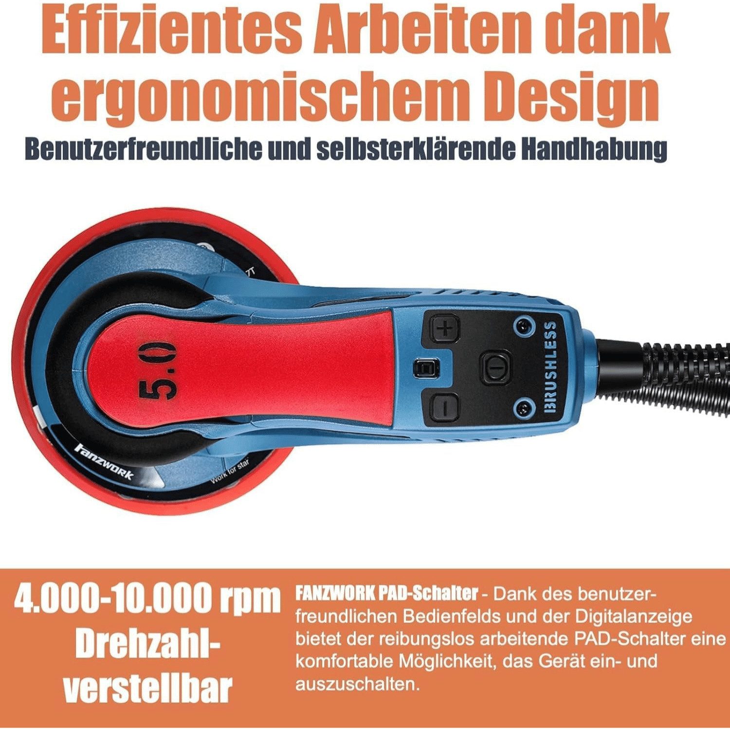 Fanzwork Exzenterschleifer 350W bürstenloser EC-Motor mit 150mm Schleifteller, 5mm Schleifhub, Vibrationsarm und wartungsfrei – Bild 5 von 5