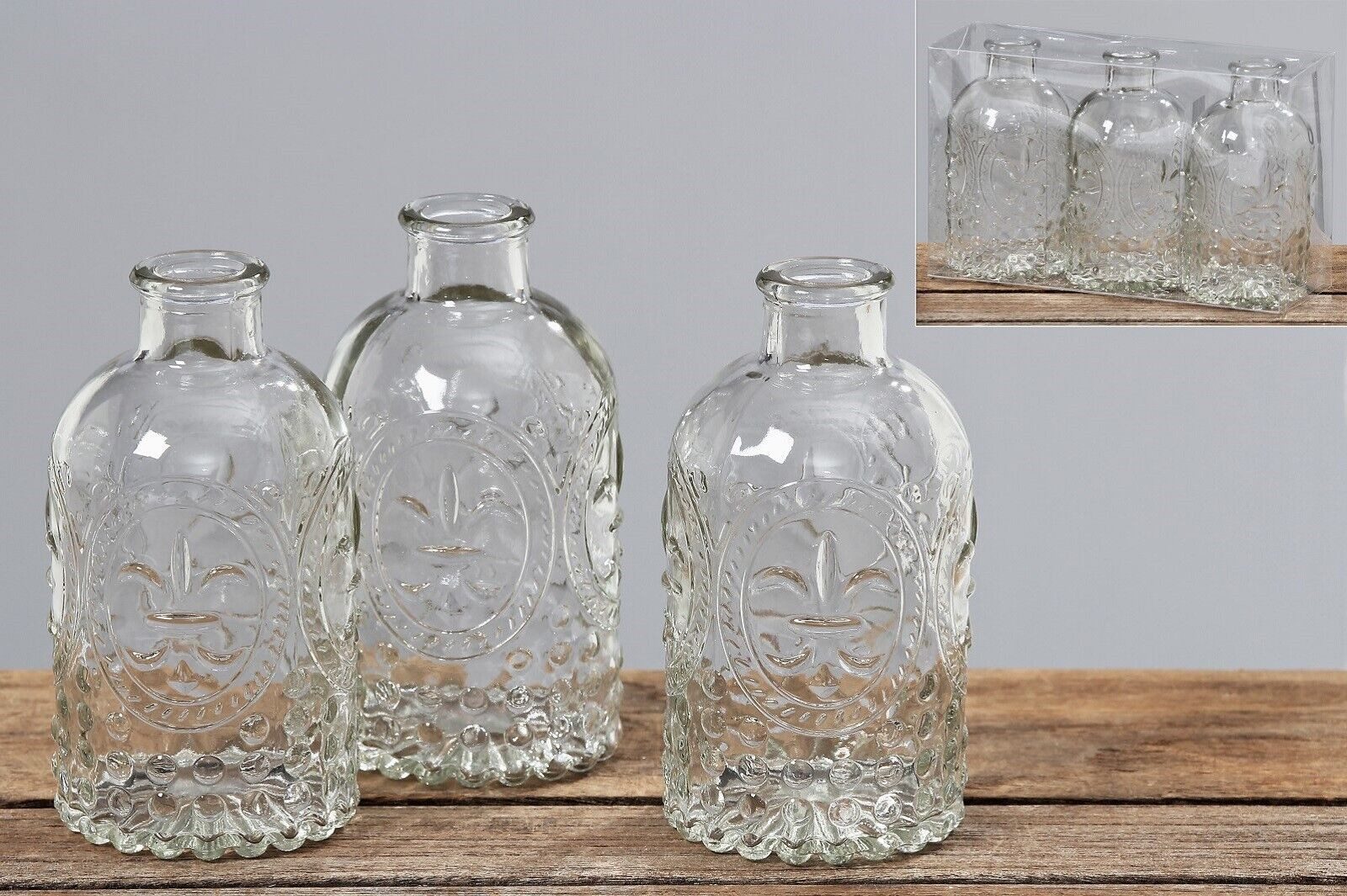 Dekovase Vase Country 3tlg H 13 cm Glas Glasvase Flaschen Tischvase
