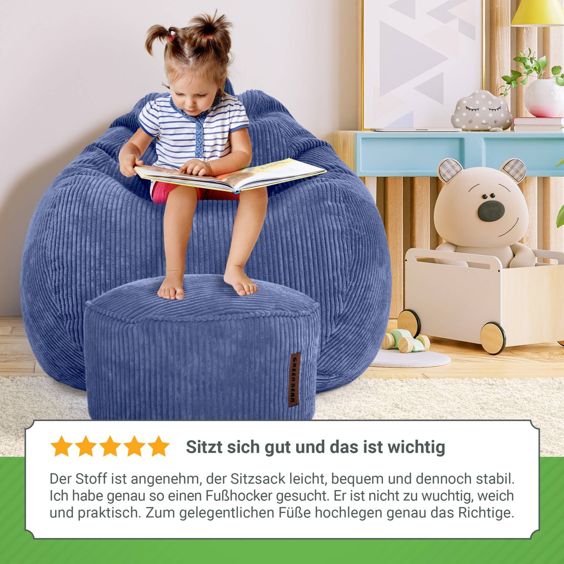Green Bean Sitzsack XXL Sitzsack Scoop + Hocker aus Cord, Indoor Sitzkissen mit Sitzhocker, Relax Sessel – Bild 4 von 5