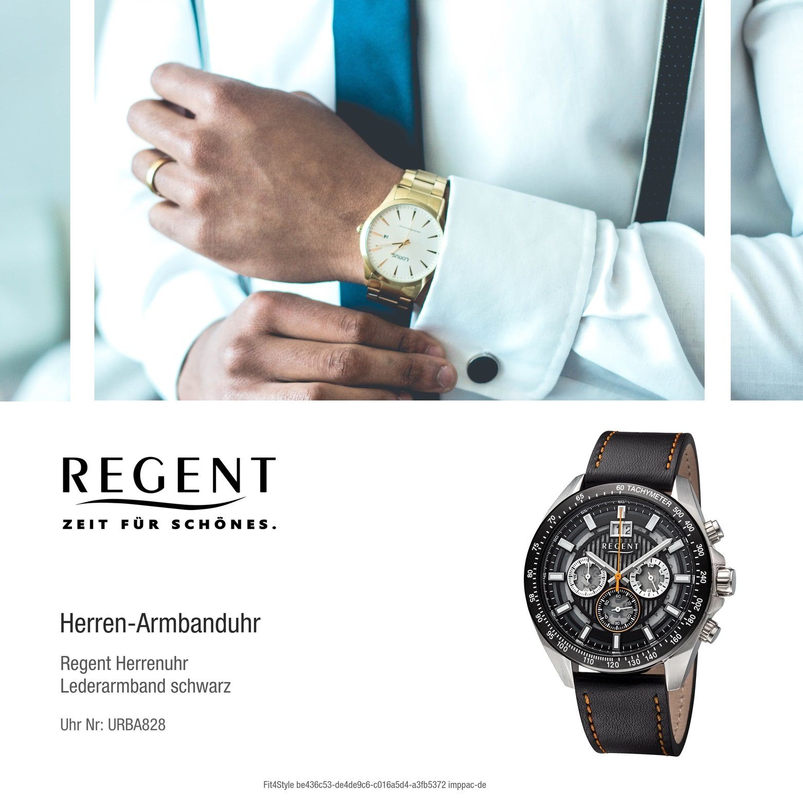 Regent Quarzuhr Lederarmband Regent 46mm), Armbanduhr Analog, (ca. Herren extra rund, schwarz-orange groß Armbanduhr Herren