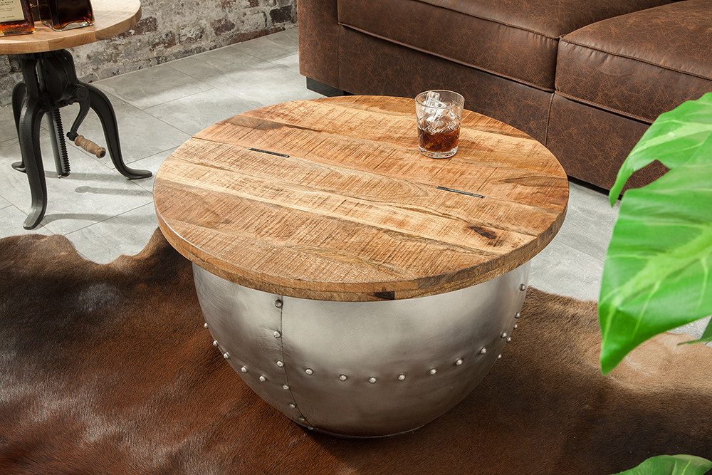 riess-ambiente Couchtisch DRUMP STORAGE Ø70cm natur/silber- Mango, handgefertigt, Stauraum, rund (Einzelartikel, 1-St), Massiver Industrialtisch aus Metall - ideal für Wohn- und Schlafzimmer