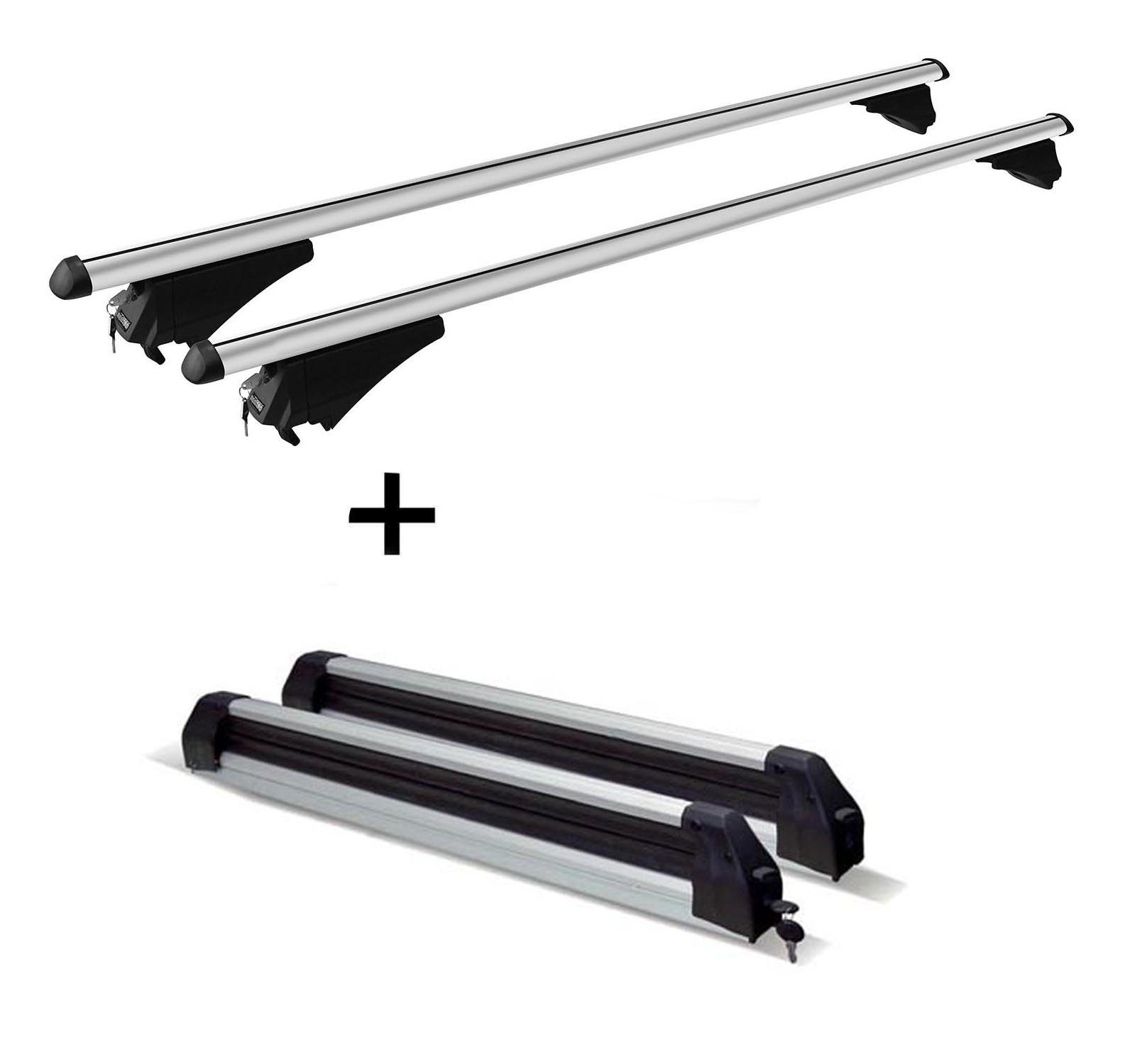 VDP Dachträger (Für Ihren BMW 3er Touring (F31) 12-15, Relingträger und Skiträger im Set), Relingträger Tiger L + Skiträger / Snowboardträger / Skihalter Silve Ice ausziehbar) kompatibel mit BMW 3er Touring (F31) 12-15