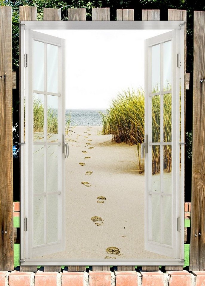 Thumbnail - Wallario Sichtschutzzaunmatten Spuren im Sand- Fußspuren durch die Düne zum Meer, mit Fenster-Illusion