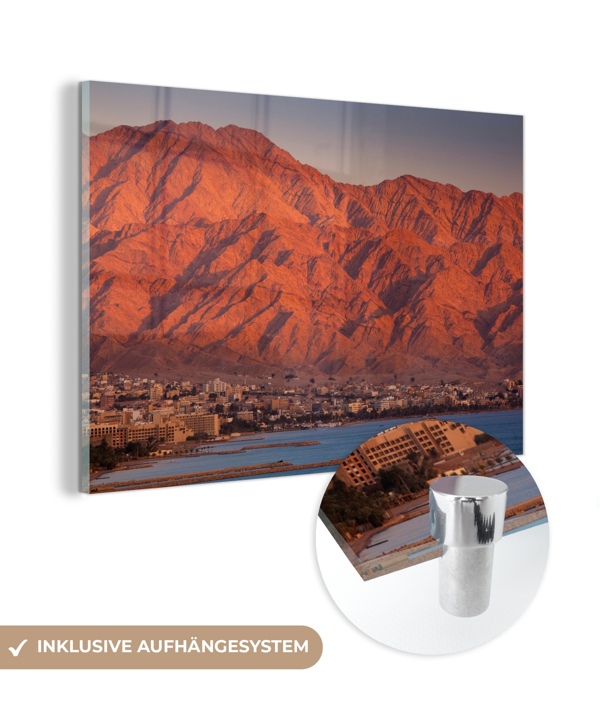 MuchoWow Acrylglasbild Meer mit Bergen in Jordanien, (1 St), Acrylglasbilder Wohnzimmer & Schlafzimmer