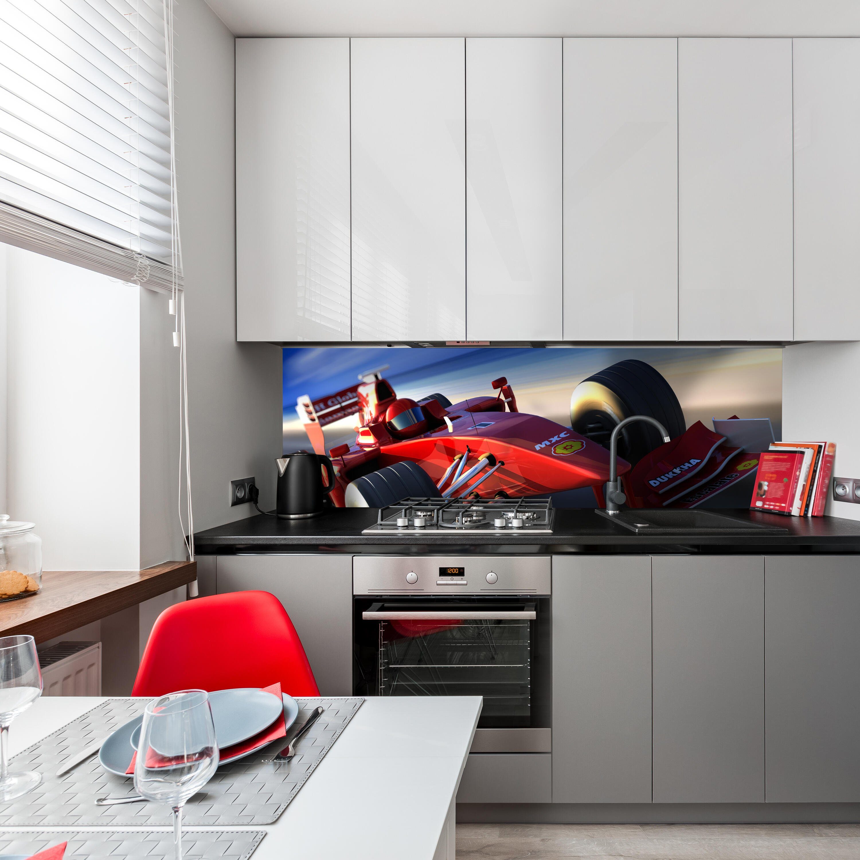 wandmotiv24 Küchenrückwand Ferrari in Action, (1-tlg), Premium Hartschaum Nischenrückwand in versch. Größen