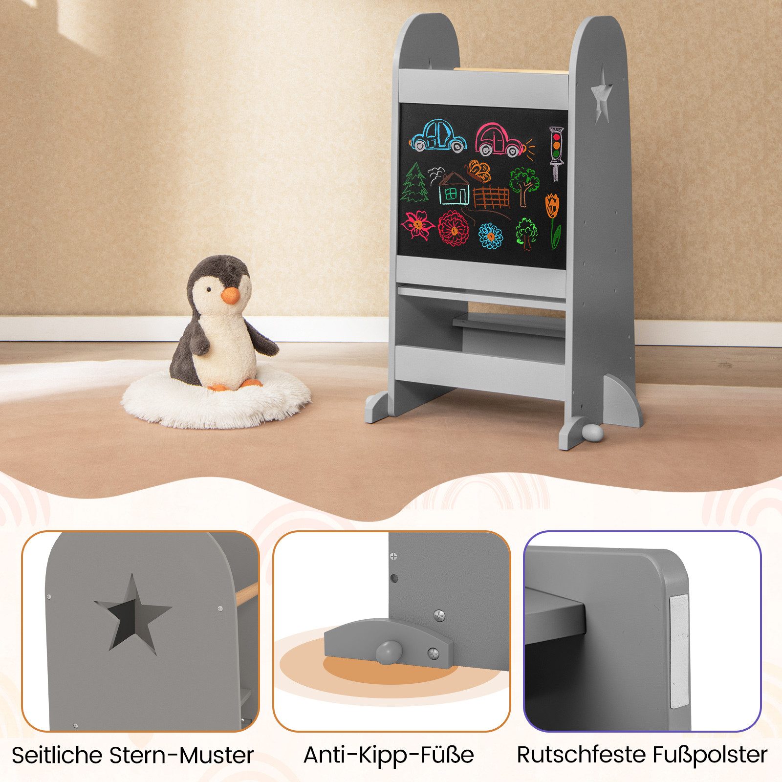 COSTWAY Tritthocker, 3 in 1 mit doppelseitiger Tafel, 3 fach höhenverstellbar