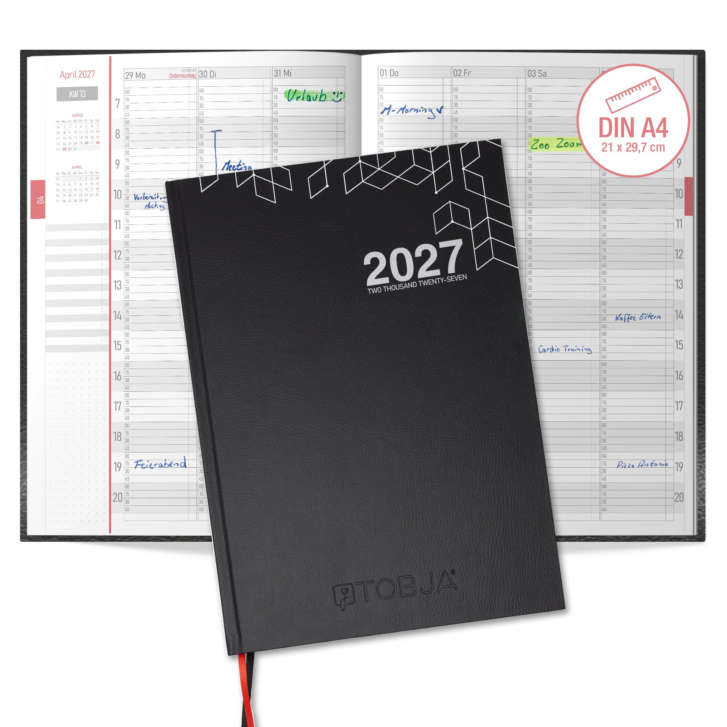 TOBJA Buchkalender Praxisplaner 2027 A4 Mono Hardcover Layflat 15 Min Takt FSC, Hardcover Layflat, 15-Min-Takt 7-21 Uhr, A4, FSC, 23 Mitarbeiter