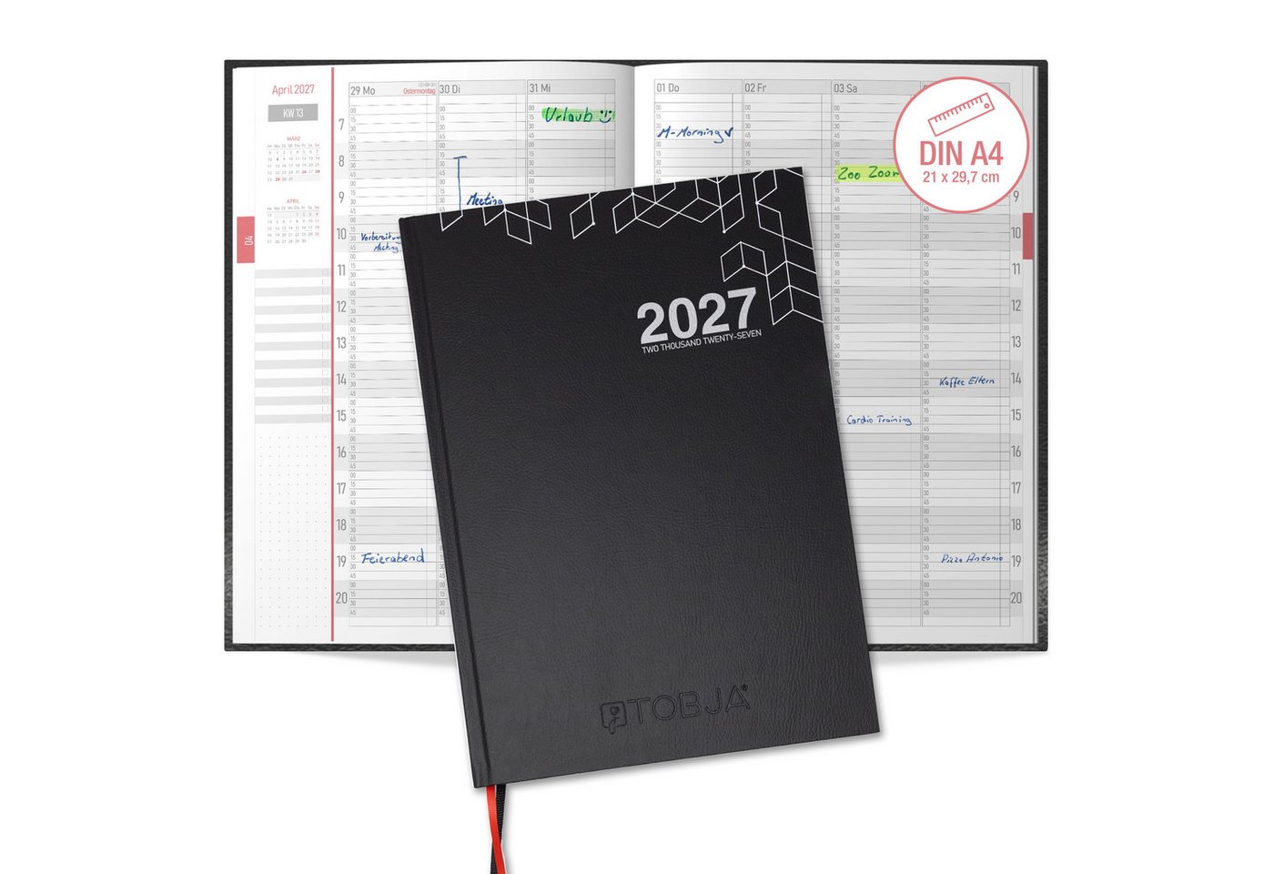 TOBJA Buchkalender Praxisplaner 2027 A4 Mono Hardcover Layflat 15 Min Takt FSC, Hardcover Layflat, 15-Min-Takt 7-21 Uhr, A4, FSC, 23 Mitarbeiter