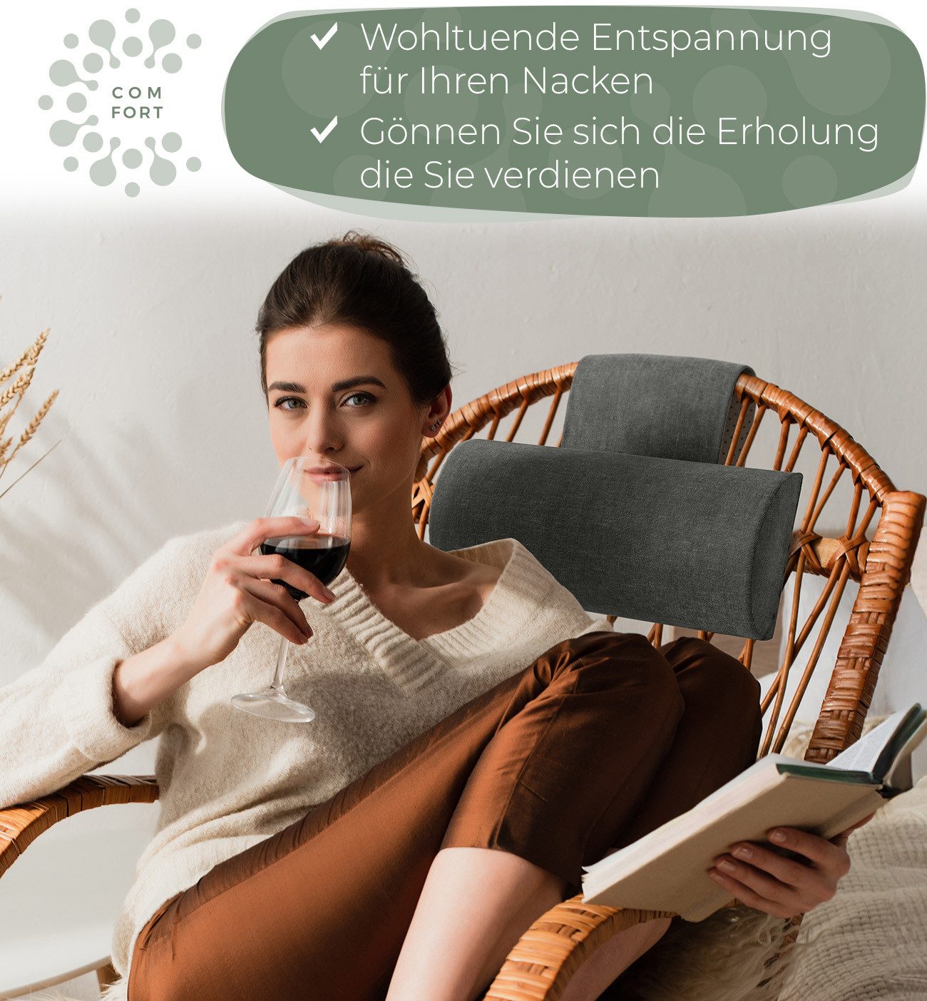 Well B4 Nackenrolle für Sessel mit Gegengewicht, Nackenkissen Sofa Couch hängend, Nackenstütze für Kopfteil Bett, Kopfkissen für Liegestuhl, 100% Memory Schaum