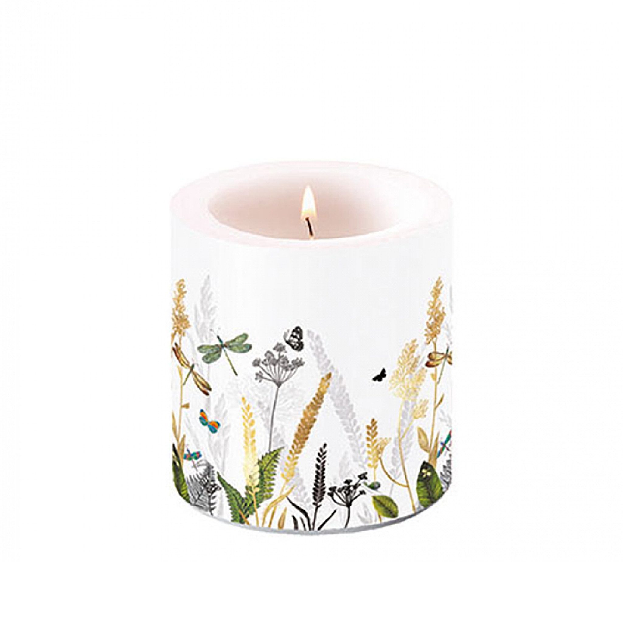 Ambiente Luxury Paper Products Stumpenkerze, Stumpenkerze Paraffin 7,5x9cm mit Sommerwiese Motiv Weiß / Grün