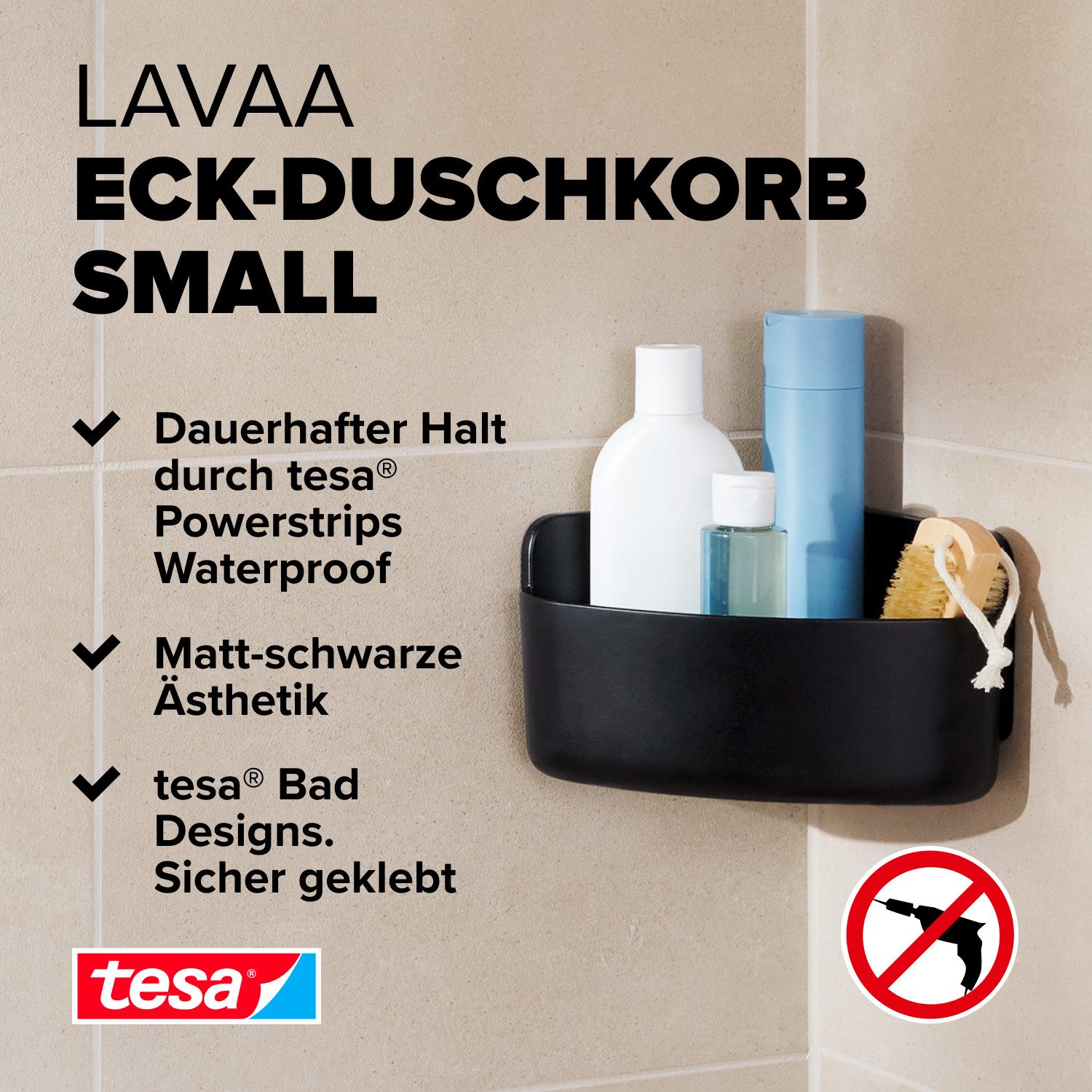 tesa Duschablage LAVAA Eck-Duschkorb klein inkl. tesa Powerstrips Waterproof Strips XL, Packung 1-tlg., Ablagekorb ohne Bohren, Eckregal
